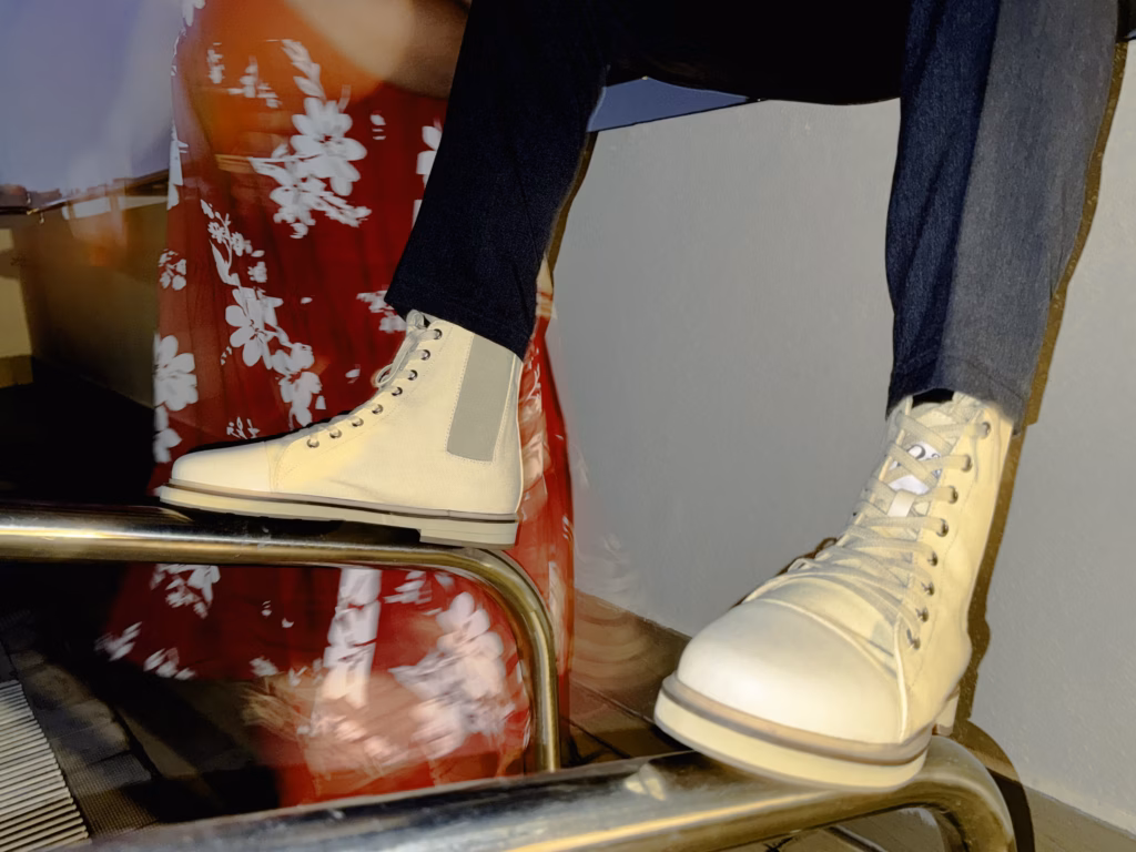 Candid photo of Earlock boots photographed with contrasting colours